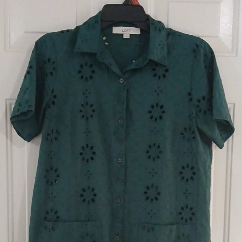 Loft Womens Green Eyeltlit Mini Shirt Dress With Slip